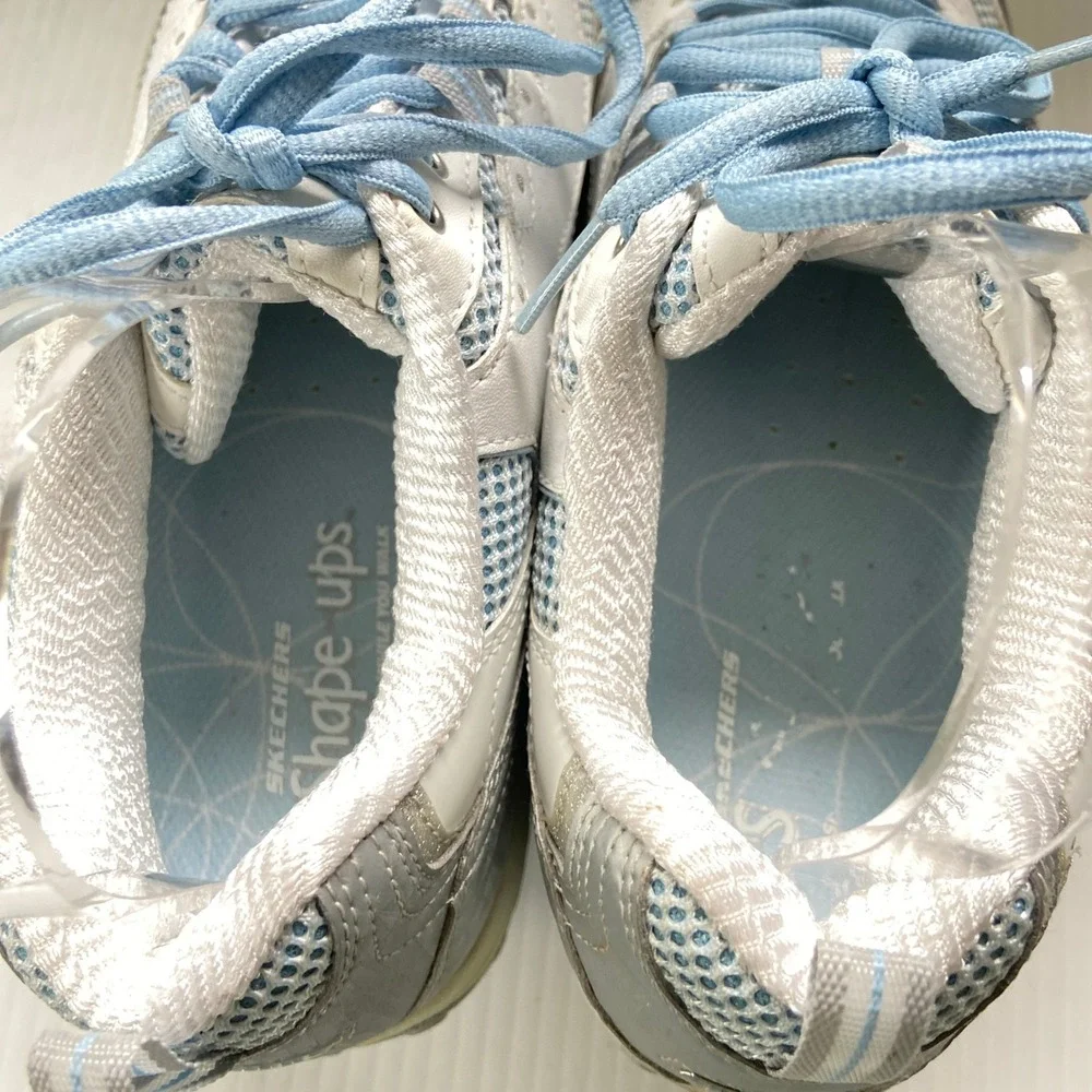 Skechers Shape Ups White Leather Blue Silver Lace Up Sneakers Womens 10